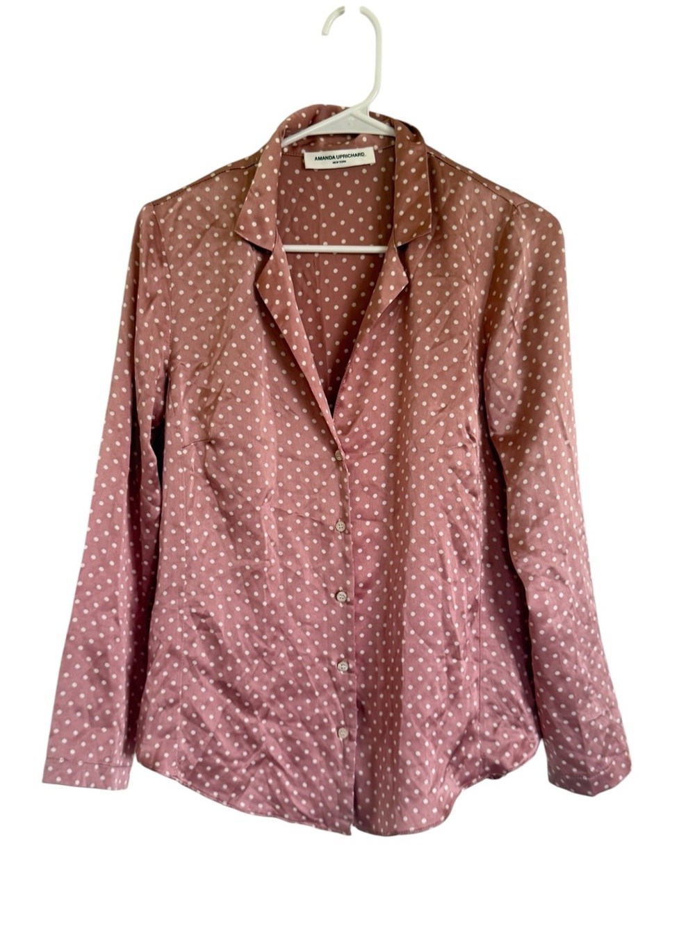 Amanda Uprichard Silk Mauve Polka Dot Button-Down Blouse